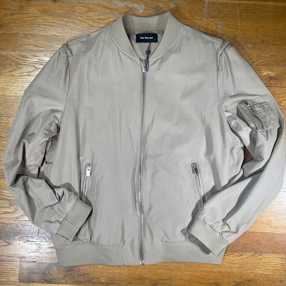 The Kooples Men's Bomber Jacket Size Large Tan Midweight W/ Leather Trim Aviator